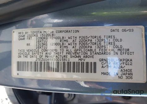 2003 Toyota 4Runner Sr5 V6 z USA, uszkodzony, nr VIN JTEZU14R830015811